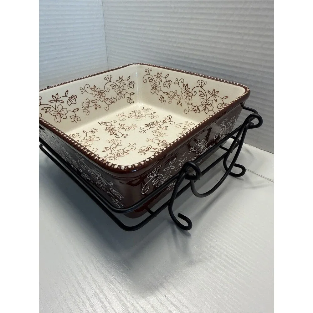 Temp-tations by Tara Brown Floral Lace Ovenware Square Dish with Metal Rack